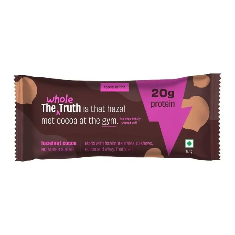 The Whole Truth High Protein Hazelnut Cocoa Protein Bar 20gm protein per bar 180 mrp